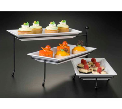 Picture of American Metalcraft TTMEL3 Ironworks™ Stand Set 3-tier includes: one 17-3/8"L x 7-1/2"D x 10"H wrought iron stand and three 14-1/4"L x 7-1/2"W melamine platters (hand wash only)