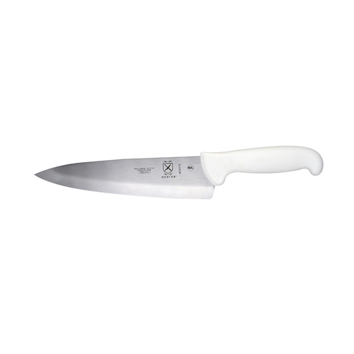 Chef Knife, 8'', stamped, high carbon, stain-free steel, ergonomic white handle, w/textured finger p