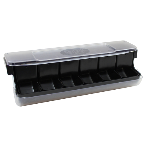 Picture of TableCraft Products BCD6000BK Cash & Carry First in First Out Garnish Station 20-1/8" x 6-3/4" x 6-1/2" includes: (6) 1-1/4 qt. black polypropylene inserts and (3) bin dividers