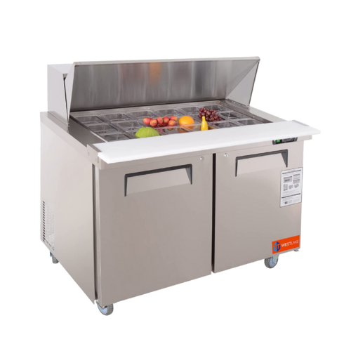 Sandwich and Salad Prep Table, 18 pans capacity, 2-door, 48"W, stainless steel front, fan cooling, self-closing doors with 90-degree stay…