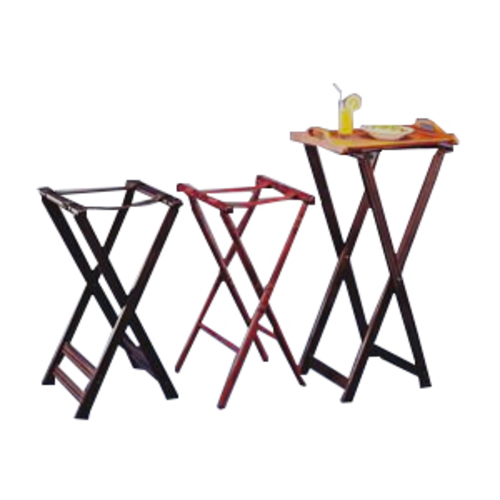 Tray Stand, 32''H, rubber slip-proof stop rings, washable, replaceable webbing, wood with dark walnu