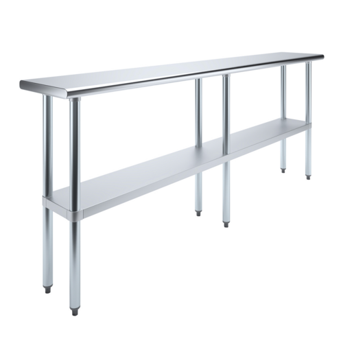 Worktable, 84"W x 14"D x 35"H, 18 gauge 430 stainless steel flat top shelf, 18 gauge galvanized undershelf and hat channel, galvanized le…