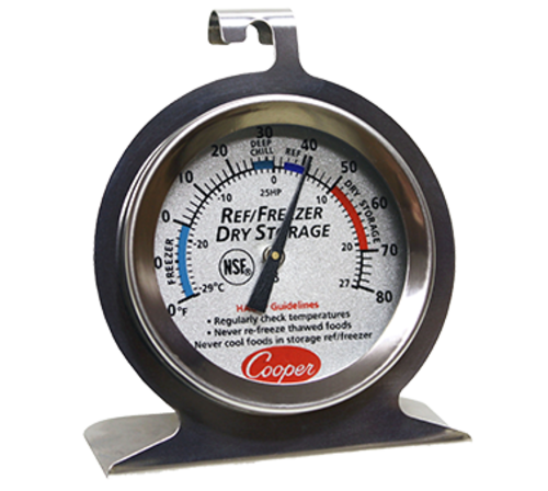 Picture of Cooper-Atkins 25HP-01-1 Refrigerator/Freezer/Dry Storage Thermometer colored 2" (5cm) dia. dial zoned with specific applications and HACCP guidelines temperature range -20 to 80°F (-29 to 27°C)