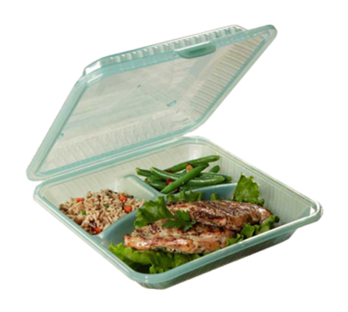 Eco-Takeout's To Go Food Container, 9'' x 9'' x 2-3/4'' deep, 3 compartments, leak-resistant snap cl