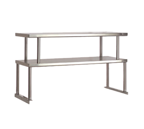 Food Table Overshelves, double, 93-1/16"W x 18"D x 27-1/8"H, 18 gauge stainless steel shelves, stainless steel posts with mounting bracke…