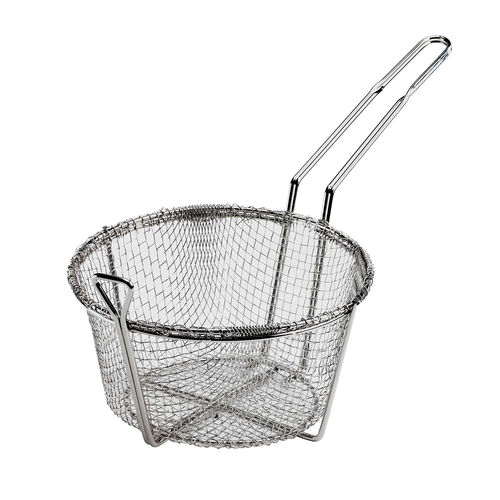 Fry Basket, 9-1/2'' dia. x 5-1/8''H, medium mesh, wire frame, nickel-plated