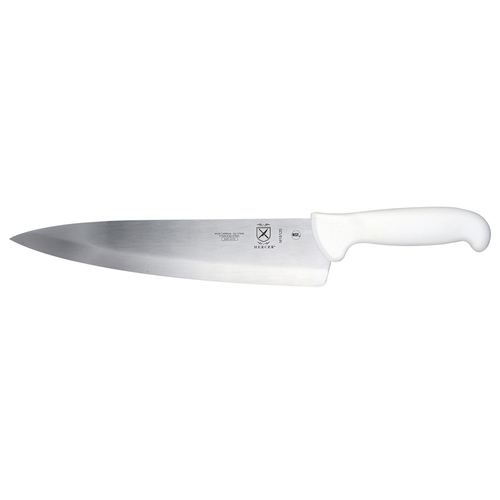 Chef Knife, 10'', stamped, high carbon, stain-free steel, ergonomic white handle, w/textured finger