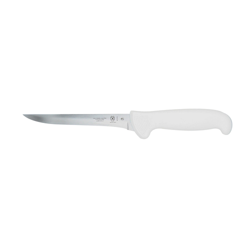 Boning Knife-Stiff, 6'', stamped, high carbon, stain-free steel, ergonomic white handle, w/textured