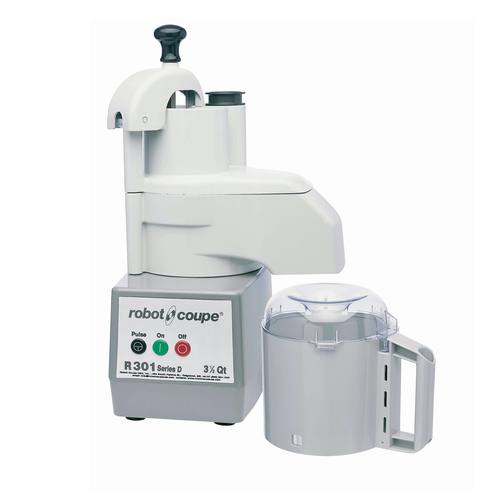 Picture of Robot Coupe R301 D Series Combination Food Processor 3.7 liter gray polycarbonate bowl with handle continuous feed kit with kidney shaped & cylindrical shaped hoppers