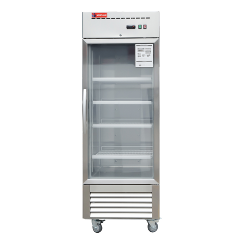 Reach-in Refrigerator, 23 cu. ft., reach-in, single door, 27"W, (4) epoxy coated steel wire shelves, glass door, temperature range 33-41º…