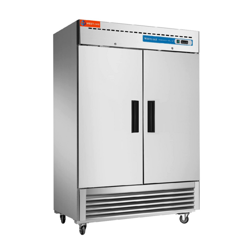 Reach-in Refrigerator, 49 cu. ft., 2-section, 54"W, (6) epoxy coated steel wire shelves, 2 solid doors, 33°-41°F, precision ventilated re…