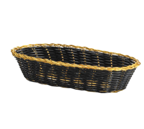 Picture of Basket, 9" x 4" x 2", oblong, hand-woven, dishwasher safe, hand-woven, black vinyl, gold metal trim (must be purchased in multiples of 12 each)