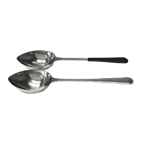 Portion Control Spoon, 2 oz., 12'', slotted, black handle, 18/8 stainless steel