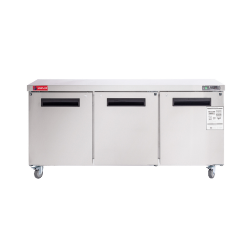 Freezer Worktop, 17.7 cu. ft., undercounter, (3) door, 72"W, (3) epoxy coated steel wire shelves, self-closing door with 90 degree stay o…