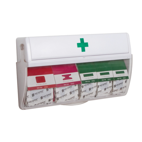 Picture of San Jamar MKBD100 Mani-Kare® Bandage Dispenser includes: (1) large patch bandage cartridge (10 bandages per cartridge) (1) knuckle bandage cartridge (10 bandages per cartridge)