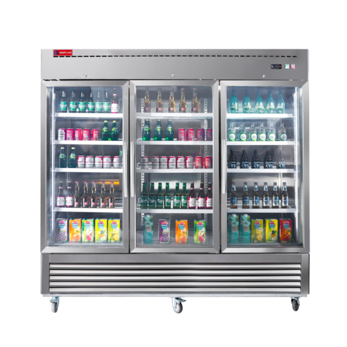 Reach-in Refrigerator Merchandiser, 72 cu. ft., 3-section, 81"W, (12) epoxy coated steel wire shelves, 3 glass doors, temperature range 3…