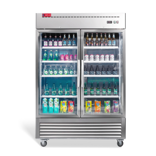 Reach-in Refrigerator, 49 cu. ft., 2-section, 54"W, (8) epoxy coated steel wire shelves, 2 glass doors, 33–41ºF temperature range, fan co…