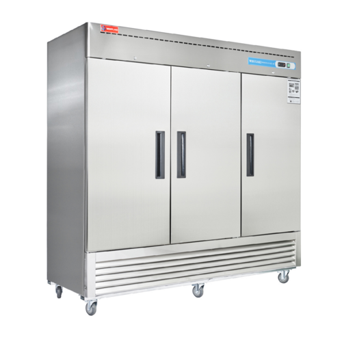 Refrigerator, 72 cu. ft., reach-in, 3-section, 81"W, (9) epoxy coated steel wire shelves, 3 solid doors, 33~40ºF temperature range, preci…