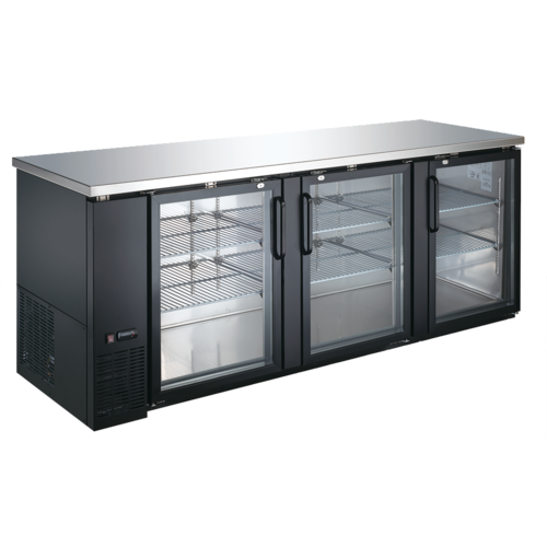 Black Diamond Back Bar Bottle Cooler, 90"W x 27-3/4"D, 32.0 cu.ft., 304 stainless steel countertop, (3) hinged glass doors with locks, si…